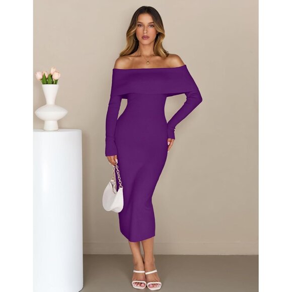 Merokeety Women's Darkpurple Off Shoulder Long Sleeve Elegant Bodycon Midi Dress - Picture 2 of 9